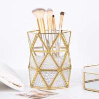 Nordic Style gold Pen Holder Brass Geometric Desk Multi-function Desk Storage Box Stationary Accessory Organizer